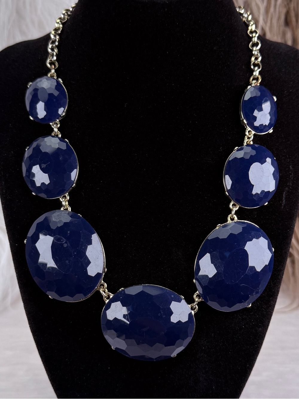 Vintage Navy Blue Faceted Statement Necklace Gold Tone